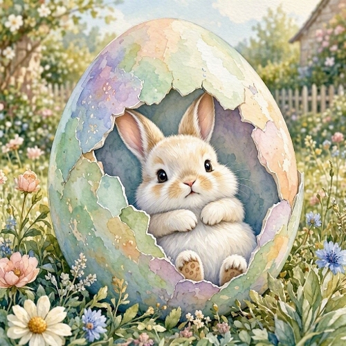 Watercolor Hatching Easter Bunny Egg Art