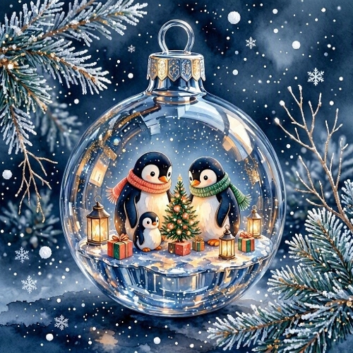 Watercolor Penguin Family Christmas Ornament Art