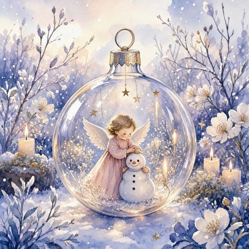 Watercolor Winter Angel & Snowman Ornament Art