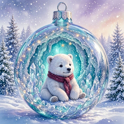 Watercolor Polar Bear Cub Winter Ornament Art