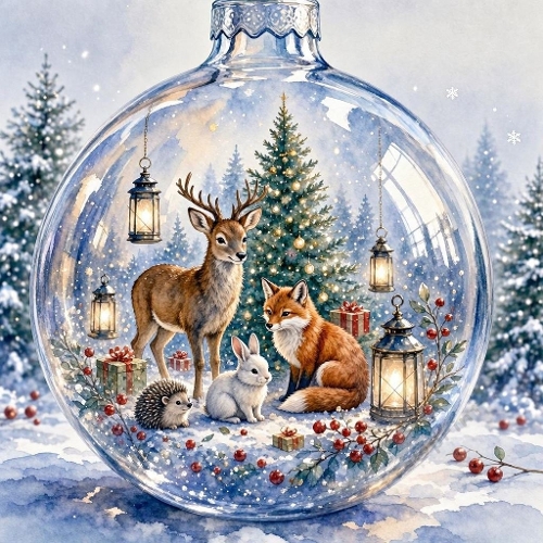 Watercolor Woodland Animals Christmas Ornament Art