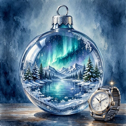 Watercolor Northern Lights & Luxury Watch Ornament Art