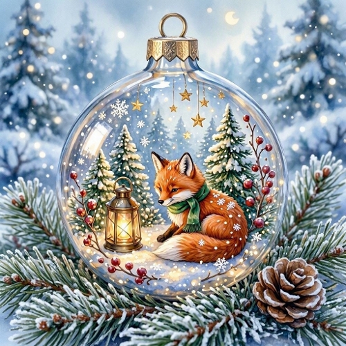 Watercolor Winter Fox Christmas Ornament Art