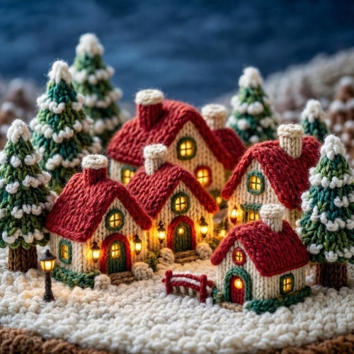 Knitted Winter Village Red Roof Houses Art