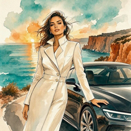 Watercolor Fashion Woman Coastal Sunset Car Art