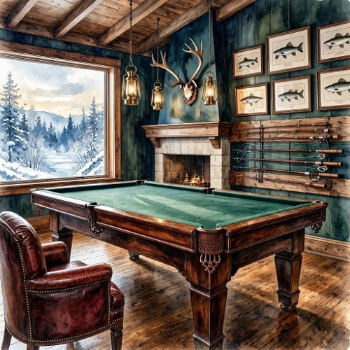 Watercolor Rustic Cabin Pool Room Art