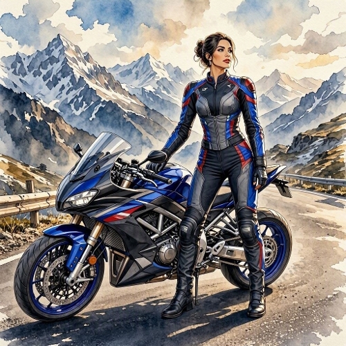 Watercolor Woman Biker Mountain Road Art
