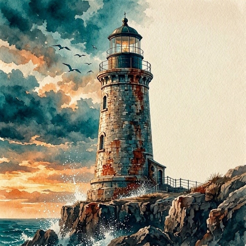 Watercolor Coastal Lighthouse Sunset Art