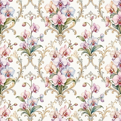 Seamless Luxury Botanical Lace Pattern with Pastel Orchids & Golden Arabesques – French Couture Elegance