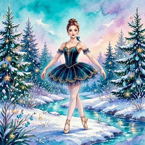 Elegant Winter Ballerina in Snowy Forest – Luxury Ballet Illustration 