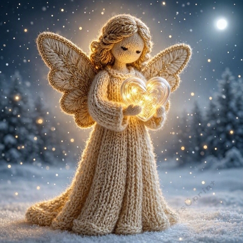Knitted Winter Angel Holding a Glowing Heart – Luxury Handmade Holiday Illustration 