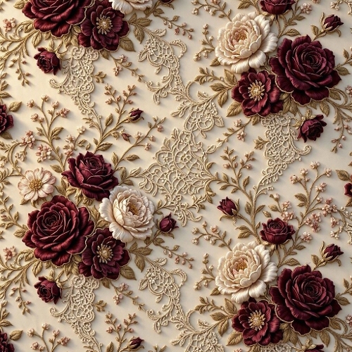 Seamless Luxury Botanical Lace Pattern with Burgundy Roses & Golden Leaves – French Couture Elegance