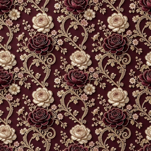 Seamless Luxury Botanical Lace Pattern with Cream & Burgundy Roses – French Couture Elegance 