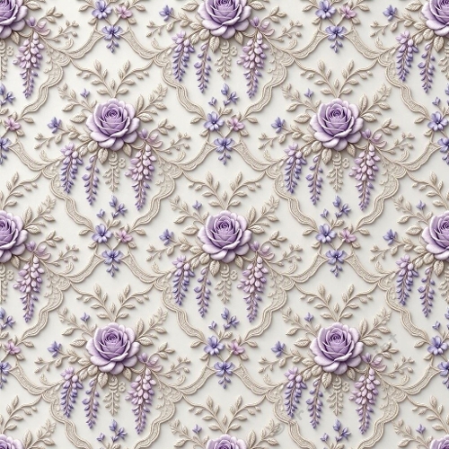 Seamless Luxury Botanical Lace Pattern with Lavender Roses & Wisteria Cascades