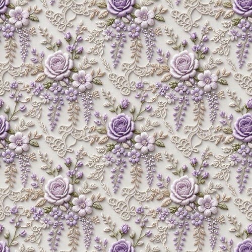 Seamless Luxury Embroidered Floral Lace Pattern with Lavender Roses – French Couture Elegance 
