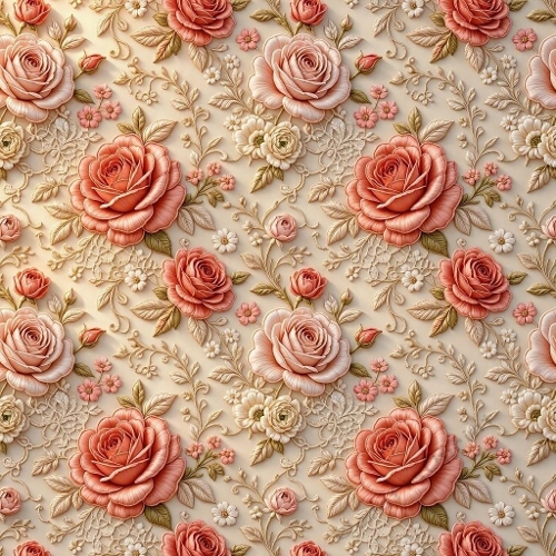 Seamless Luxury Embossed Floral Lace Pattern with Pink & Peach Roses – French Couture Elegance 