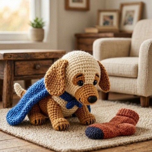Cozy Crocheted Dog with Blue Cape in Warm Living Room – Handmade Craft Illustration