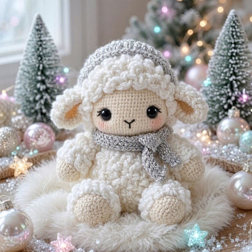 Cozy Crocheted Winter Lamb with Silver Scarf – Handmade Holiday Illustration 