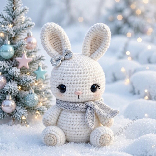 Cozy Crocheted Winter Bunny with Silver Bow – Handmade Holiday Illustration 