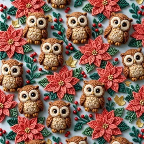 Seamless Festive Crochet Owl & Poinsettia Pattern – Handmade Holiday Design 