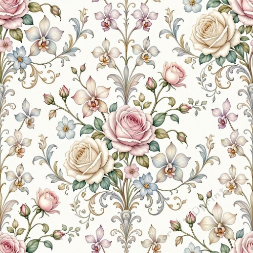 Seamless Ornate Botanical Pattern with Pink & Cream Roses – Vintage Floral Elegance 