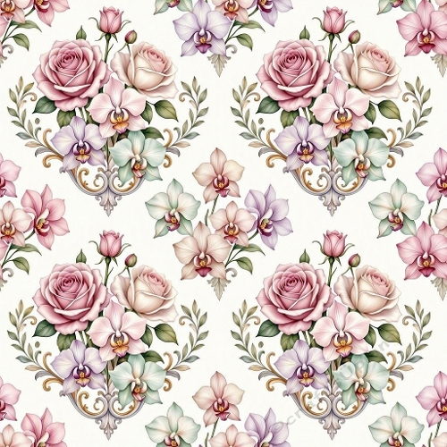 Seamless Pastel Floral Pattern with Roses & Orchids – Vintage Botanical Elegance