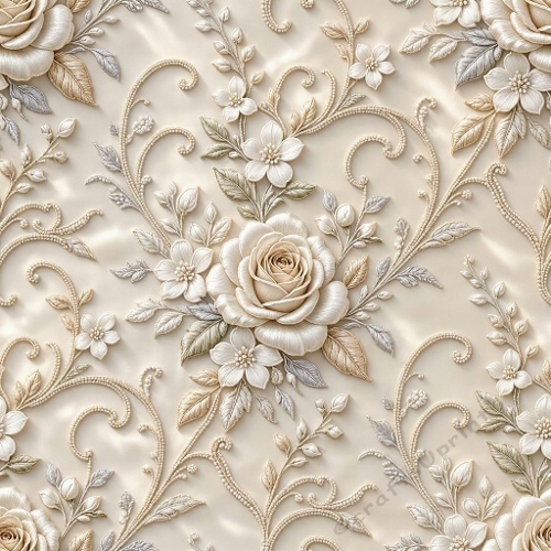 Seamless Luxury Embossed Floral Pattern with Ivory Roses & Golden Scrollwork – Elegant Botanical Design