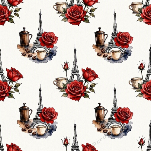 Seamless Paris Café Pattern with Eiffel Tower, Red Roses & Coffee Icons – Romantic French Design 