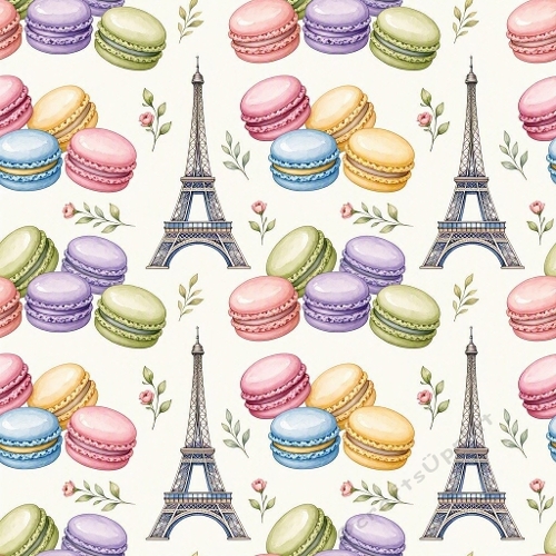 Seamless Watercolor Paris Pattern with Eiffel Tower, Pastel Macarons & Roses – Elegant French Design (8K)