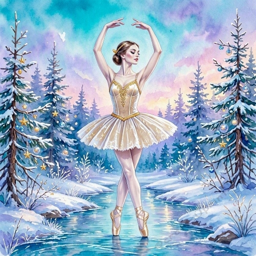 Winter Ballerina on Frozen Pond with Golden Holiday Trees – Magical Ballet Illustration
