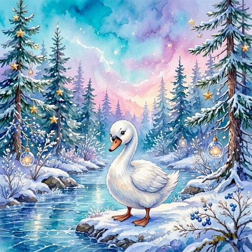 Winter Swan by Frozen Stream with Golden Holiday Trees – Magical Nature Illustration 
