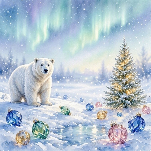 Watercolor Polar Bear Christmas Northern Lights Art