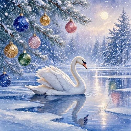 Watercolor Winter Swan Lake Christmas Ornaments Art