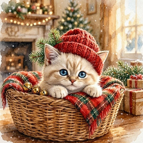 Watercolor Kitten Christmas Basket Art