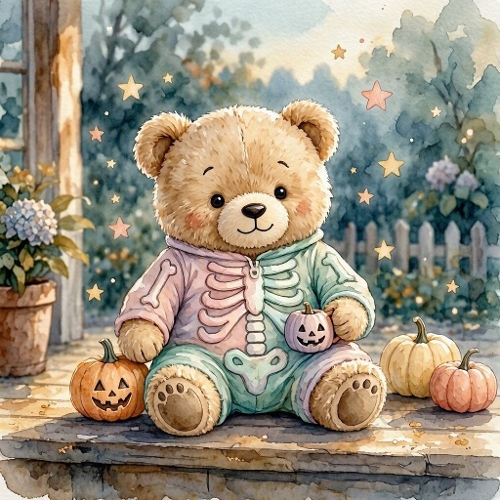 Watercolor Teddy Bear Skeleton Costume Halloween Art