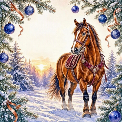 Watercolor Horse Winter Forest Christmas Ornaments Art
