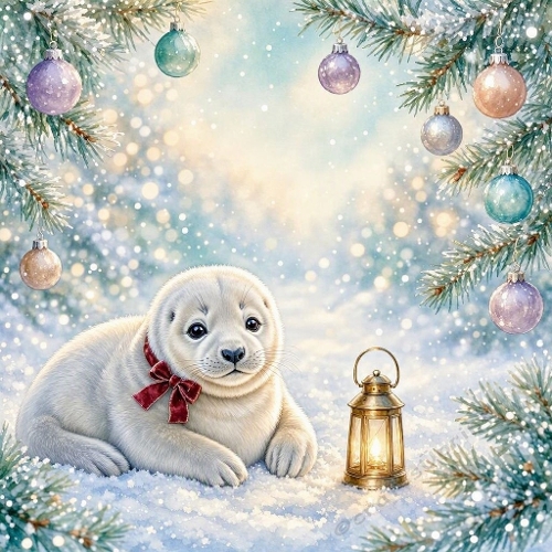 Watercolor Baby Seal Lantern Christmas Ornaments Art