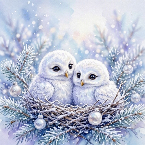Watercolor Snowy Owls Christmas Nest Art