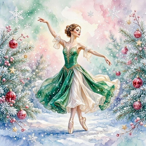 Watercolor Christmas Ballerina Green Dress Art