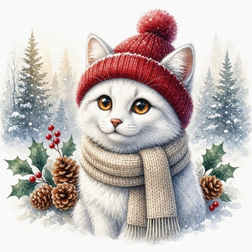 Watercolor White Cat Red Beanie Winter Art