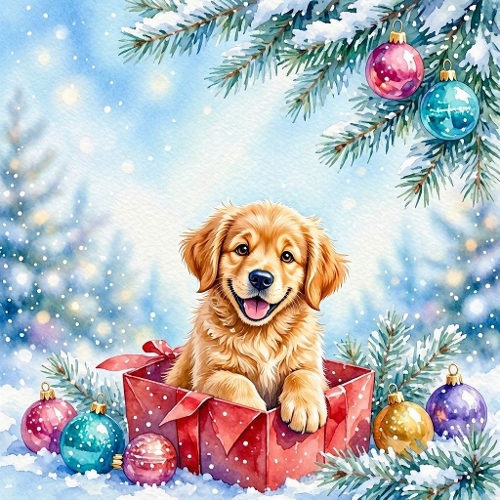 Watercolor Golden Retriever Puppy Christmas Present Art