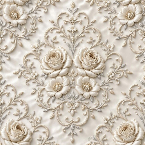 Seamless Embossed Floral Pattern with Beige Roses & Ornate Vines – Elegant Aristocratic Design 