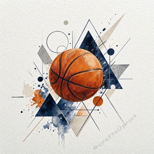 Contemporary Masculine Watercolor Basketball Illustration with Geometric Shapes – Dynamic Modern Design 