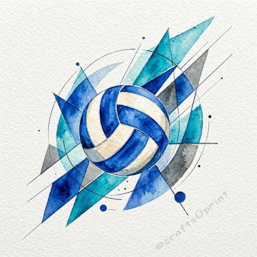 Contemporary Masculine Watercolor Volleyball Illustration with Dynamic Geometric Shapes – Modern Athletic Design 