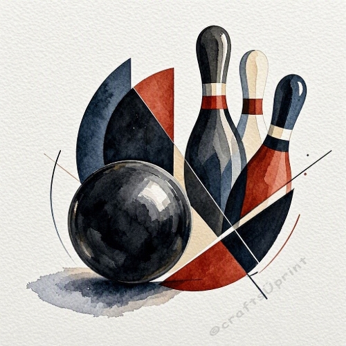 Contemporary Masculine Watercolor Bowling Illustration with Geometric Shapes – Dynamic Modern Athletic Design 