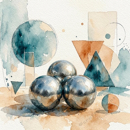Contemporary Masculine Watercolor Metallic Spheres Illustration with Geometric Shapes – Modern Abstract Athletic Design