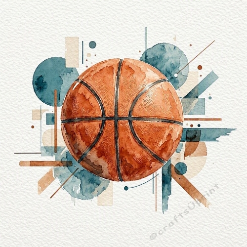 Contemporary Masculine Watercolor Basketball Illustration with Abstract Geometric Shapes – Modern Athletic Design 