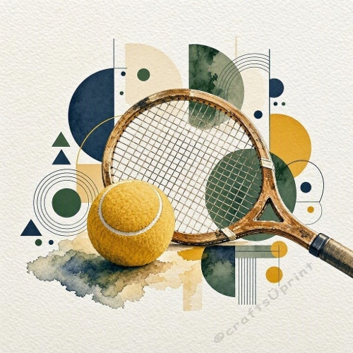 Contemporary Masculine Watercolor Tennis Illustration with Abstract Geometric Shapes – Modern Athletic Design