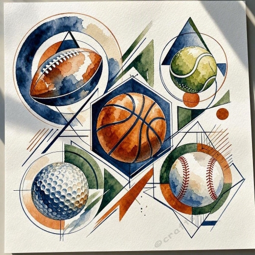 Contemporary Masculine Watercolor Multi‑Sport Balls Illustration with Abstract Geometric Shapes – Modern Athletic Design 