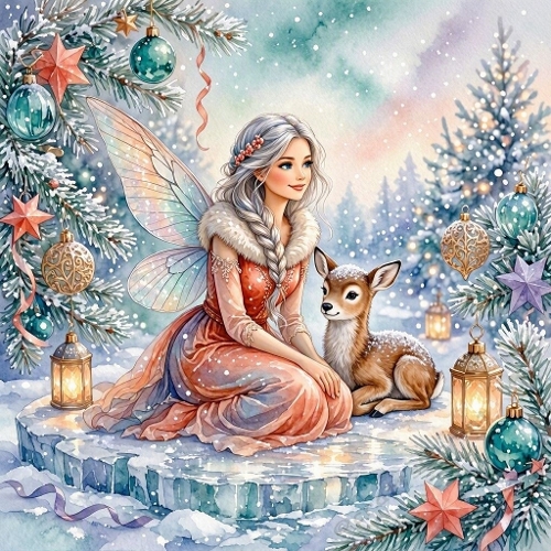 Winter Fairy & Deer – 1024×1024 Watercolor‑Style Fantasy Textile Scene